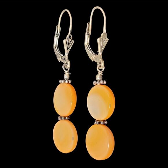 Chic Artisan 925 Sterling Orange Peach Mother-of-Pearl Bead Dangle Earrings - Picture 1 of 6